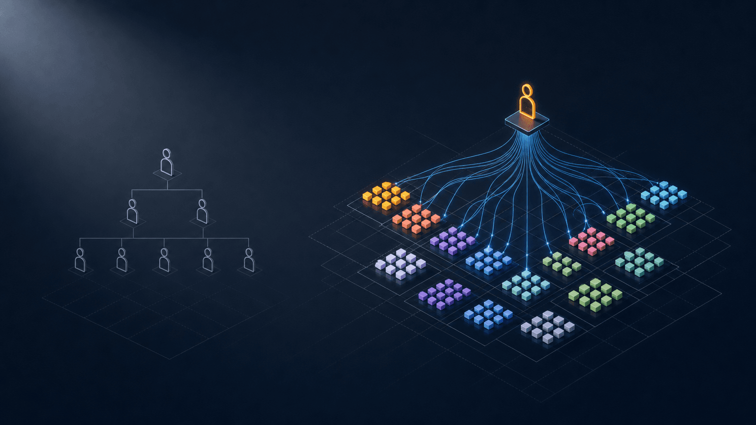 Isometric illustration: a single supervisor monolith connected to a constellation of fifty agent nodes.