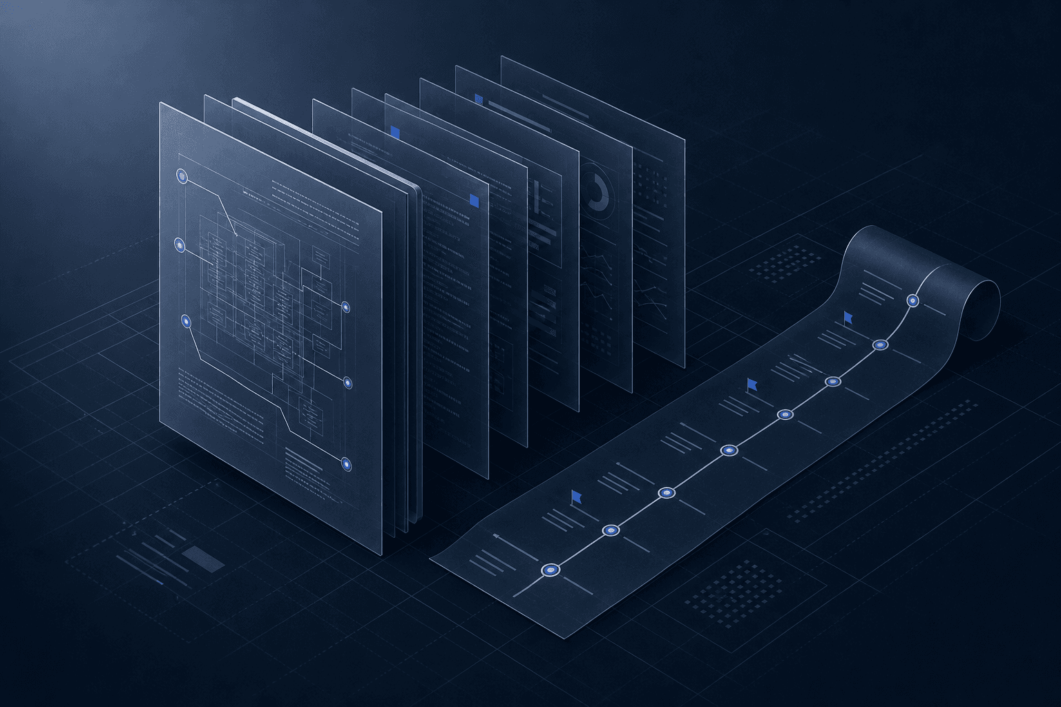 Isometric illustration: translucent diagnostic report sheets layered above a 90-day remediation timeline.