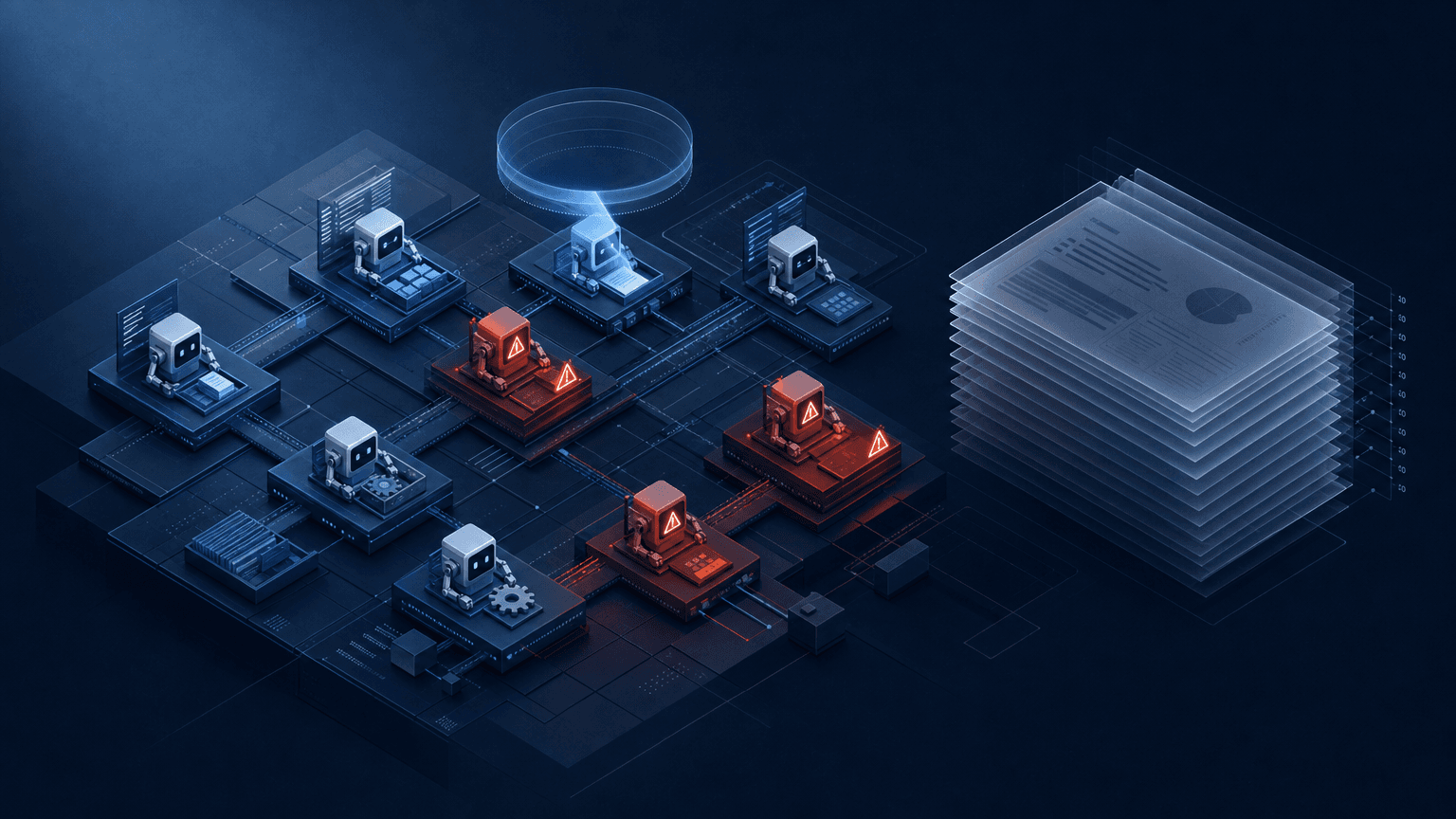Isometric illustration: a multi-agent stack with red warning indicators, viewed through an audit lens that highlights gaps in the pipeline.