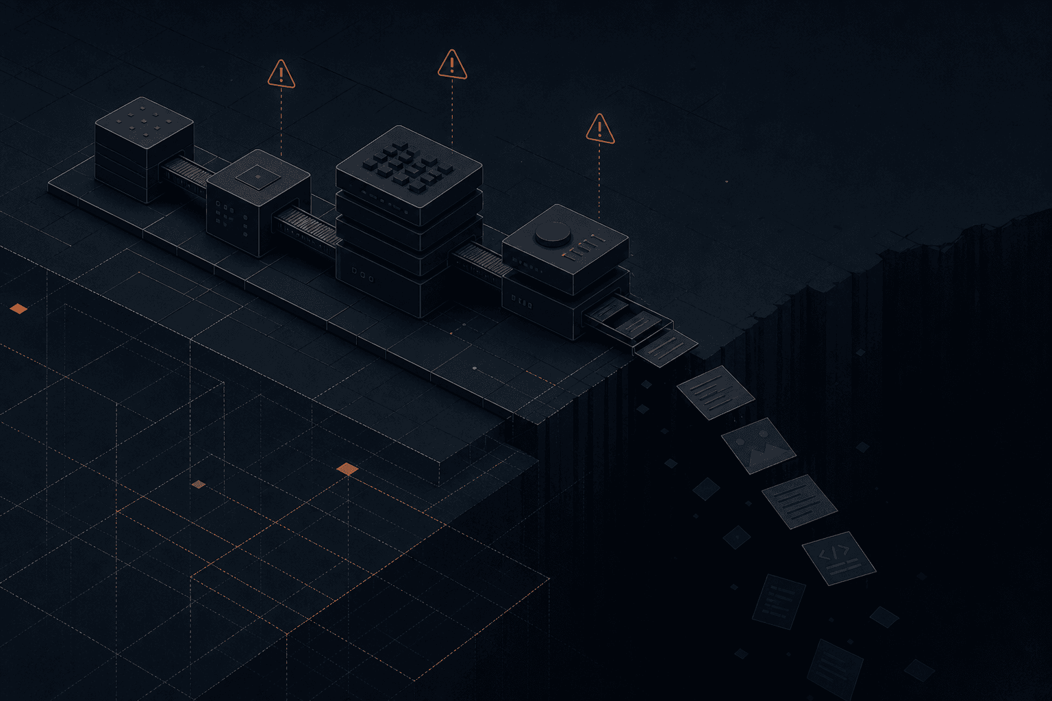 Isometric illustration: an unmonitored AI pipeline running at night, with no eval gates between the agents.