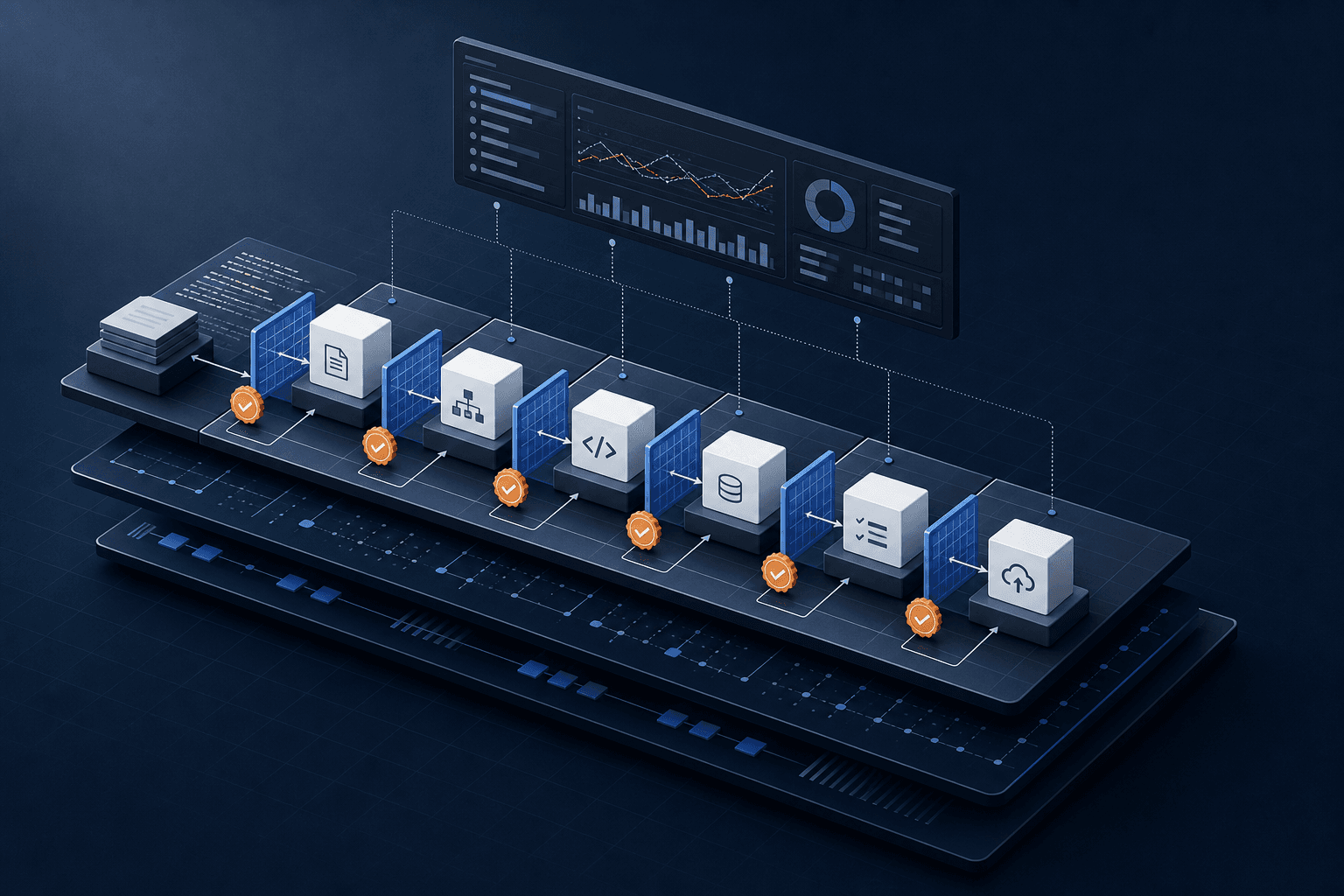 Isometric illustration: the same multi-agent stack now fortified with eval gates, HITL checkpoints, and observability traces.