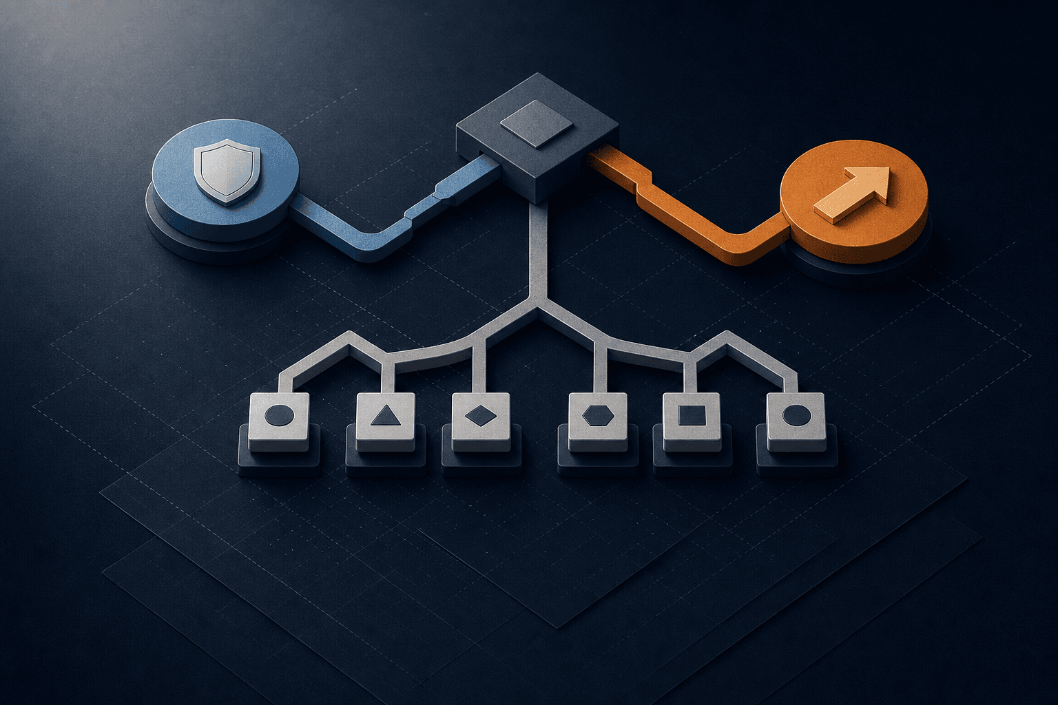 A decision-tree diagram with a blue stabilise-shield branch and an orange replatform-arrow branch.