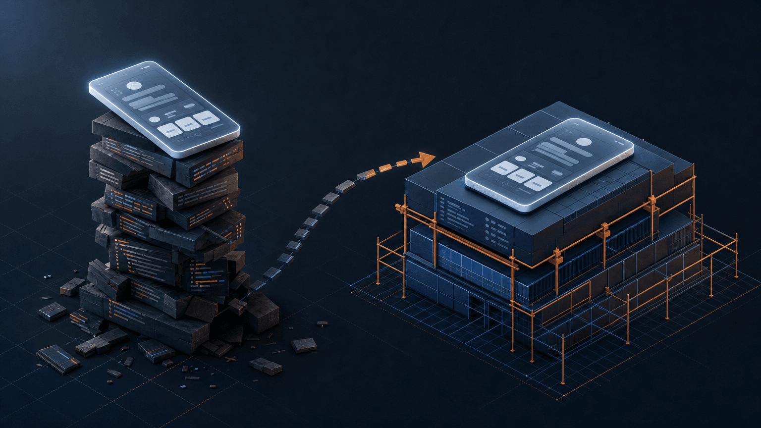 Wobbly vibe-coded prototype on the left, a stabilised platform on the right with a migration arc connecting them.